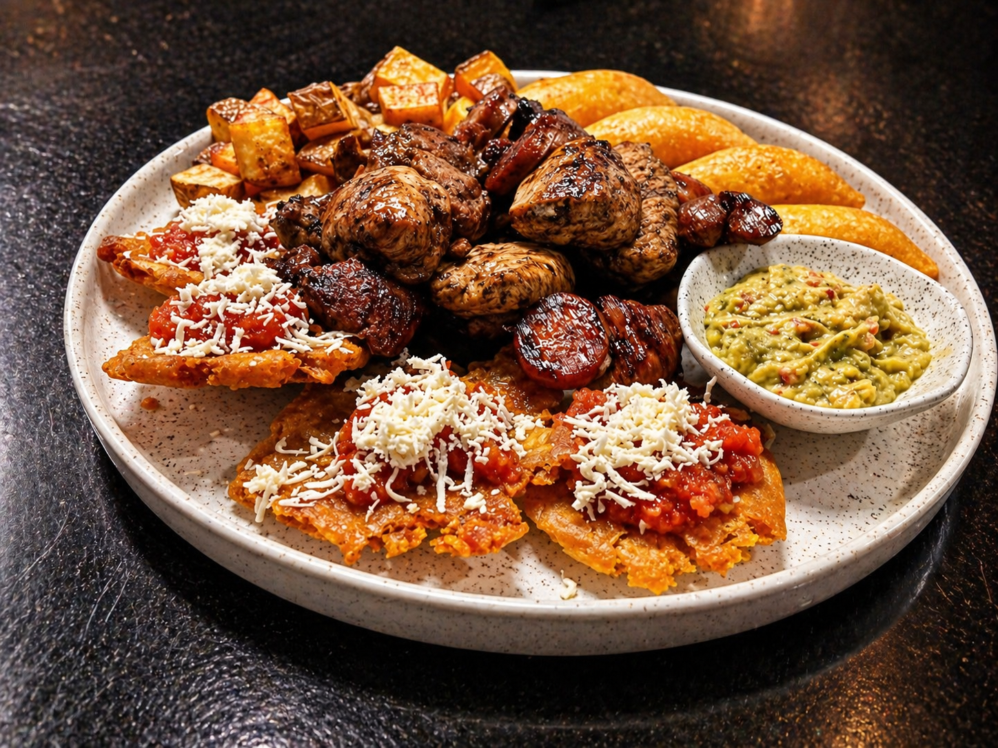 Carne pollo chorizo cerdo papas y patacón