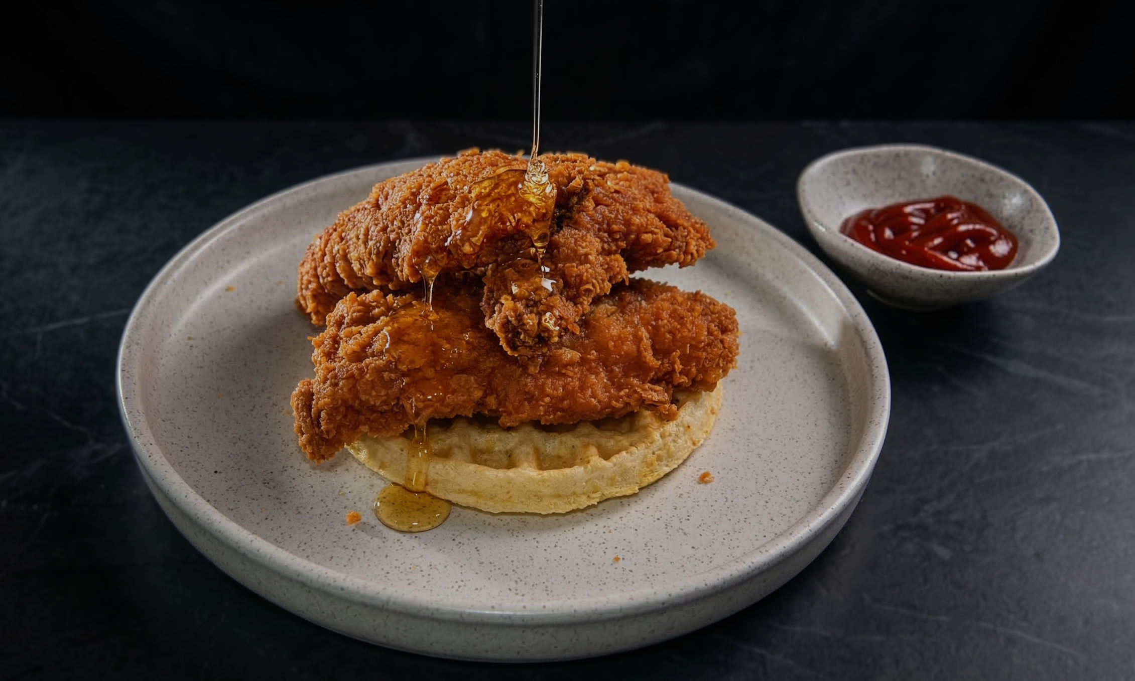 Waffle pandeyuca, pollo y miel